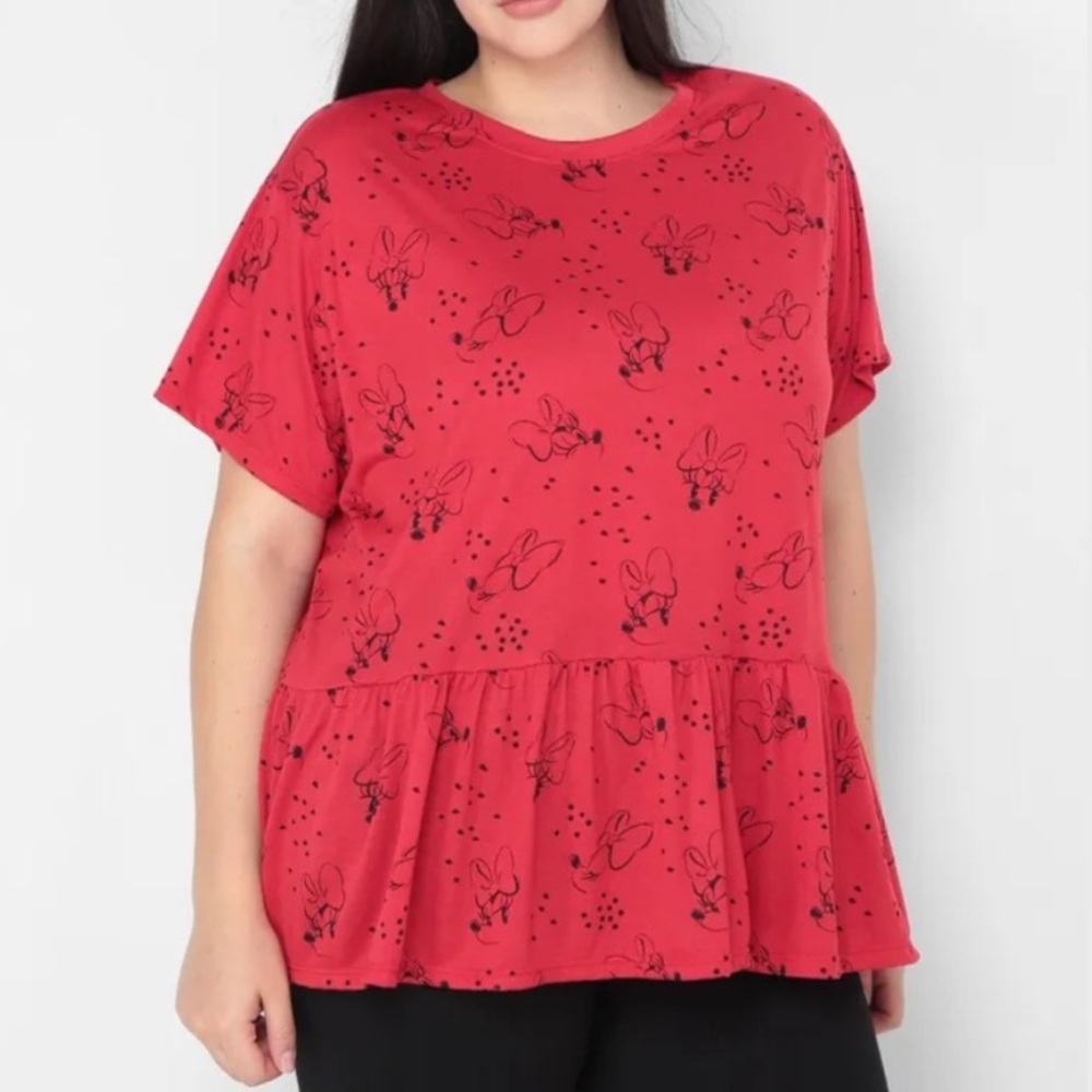 EUC Disney Minnie Mouse Red Black Peplum Short Sleeve top, size Medium